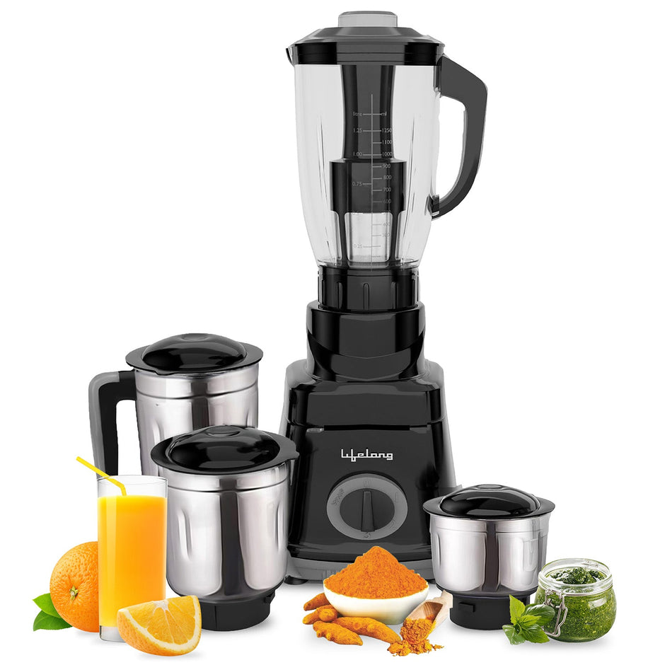 Lifelong Juicer Mixer Grinder for Kitchen - 4 Jars 750 Watt Mixie - Juicer with Fruit Filter, Grinding Jar, Chutney Jar & Liquidizing Jar used as Wet Grinder & Blender - Stainless Steel Blades(LLMG75)