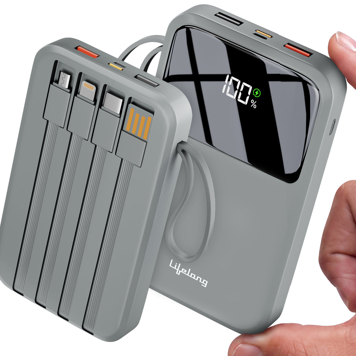 Lifelong 10000mAh 22.5W Fast Charging Power Bank | 4 Cables Attached – Type A + Type B + Type C + Lightning | For New & Old Devices | 4 Ports Available Too | Small Pocket Size Powerbank