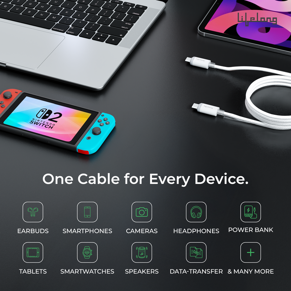 Lifelong Electronics 60W PD USB Type C to Type C Fast Charging Cable | High Speed Data Cable | Nylon Braided, Transparent PVC Case & Tangle Free | iPhone 16/15/14, Android, Laptop, Tablet etc. | 1.25M