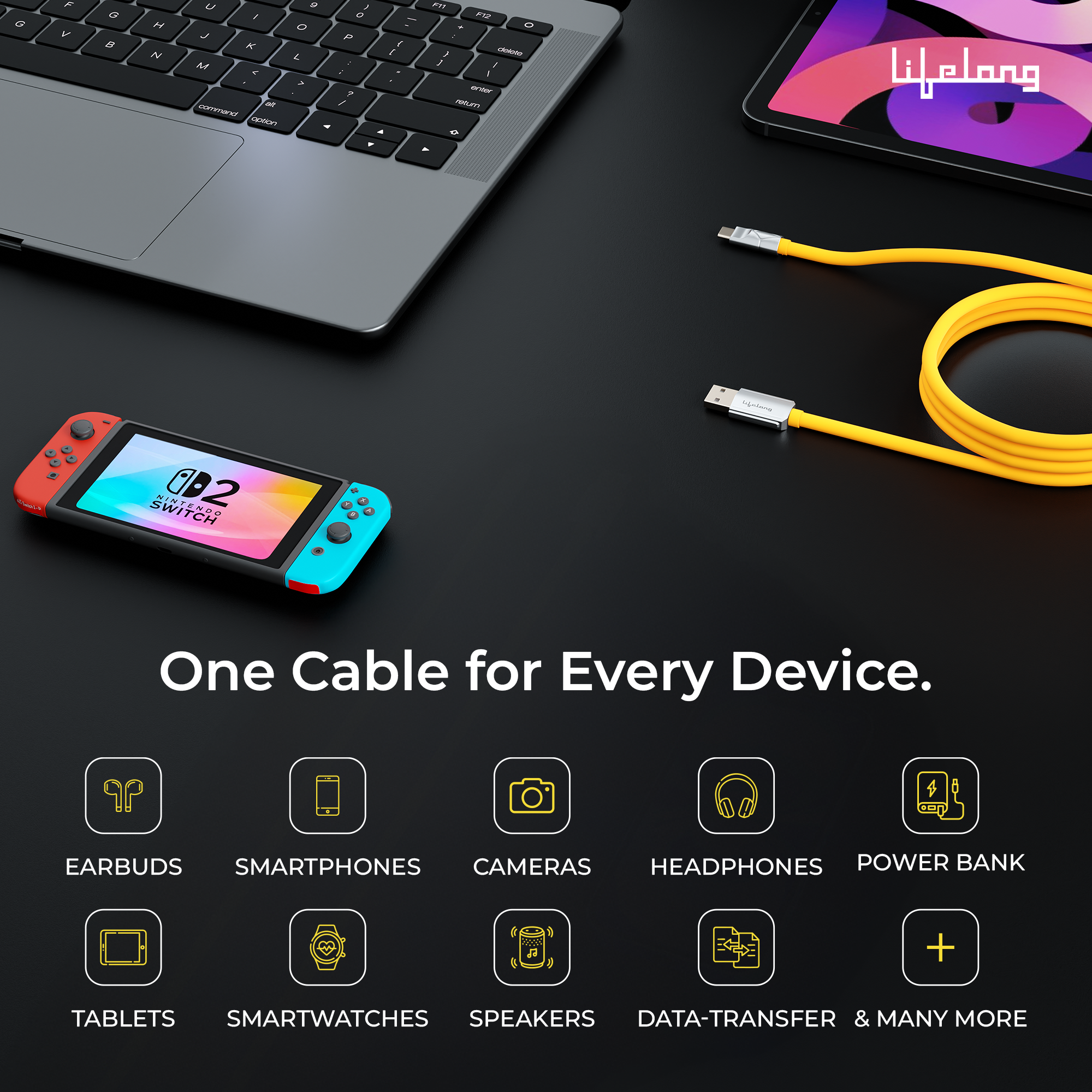 Lifelong Electronics 66W PD USB Type A to Type C Fast Charging Cable | High Speed Transfer Data Cable | Aluminum Alloy, Strong PVC & Tangle Free | iPhone 16/15/14, Android, Laptop, Tablet etc | 1.25M