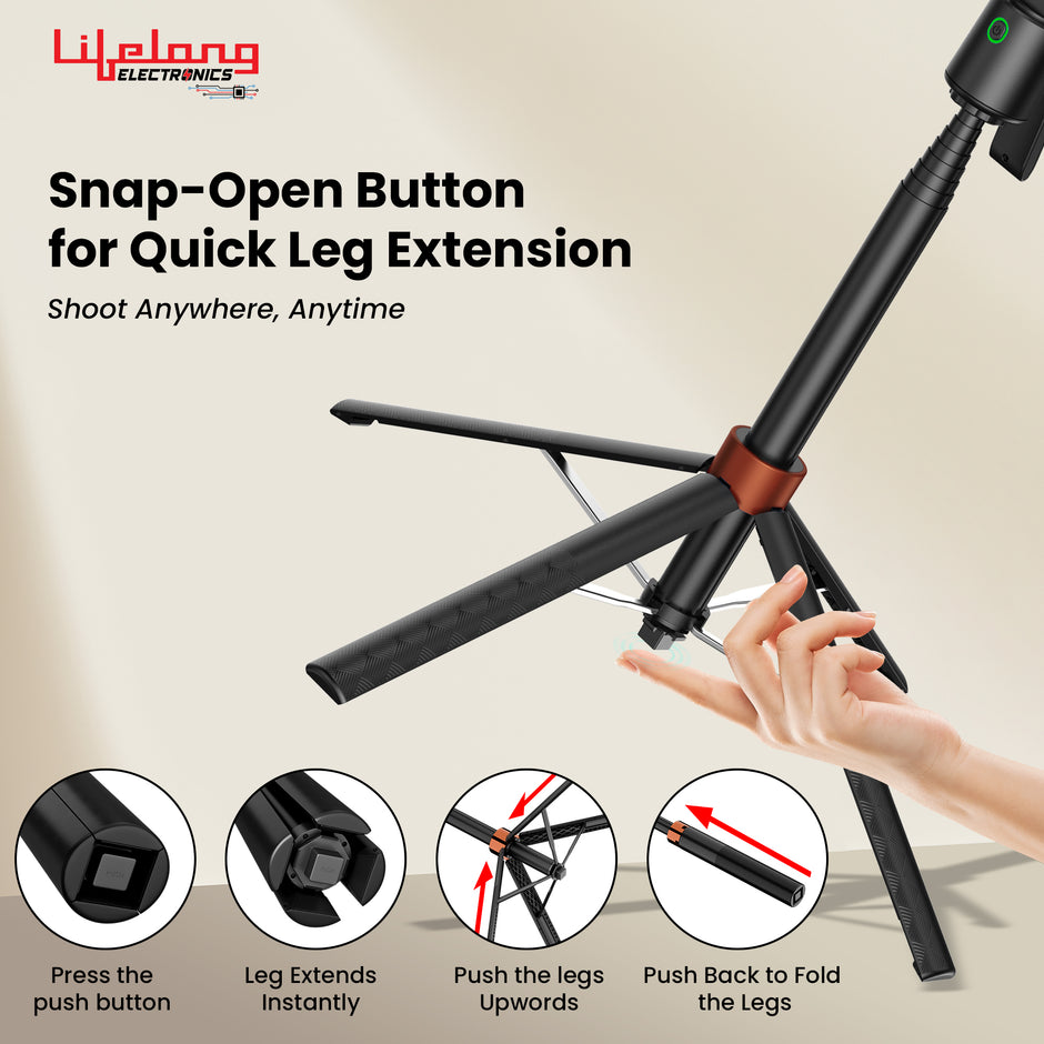 Lifelong Electronics AI Powered Selfie Stick Tripod 183CM/72 Inches | Auto Face Tracking | Quad Leg Stability Mobile Stand for Desk with Dual Influencer Light (5W) | Tripod Stand for Phone & Camera