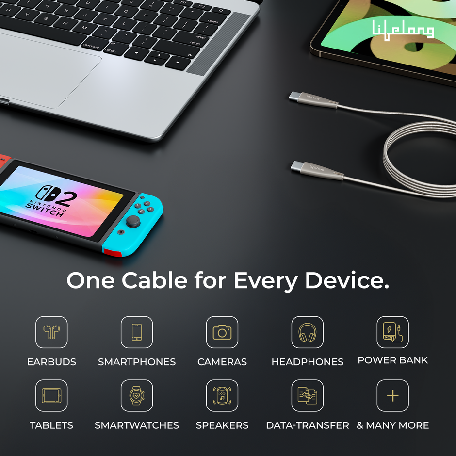 Lifelong 60W PD USB Type C to Type C Metal Coiled Fast Charging Cable | High Speed Data Cable | Aluminum Alloy & Tangle Free | iPhone 16/15/14, Android, Laptop, Tablet etc. | 1.25M