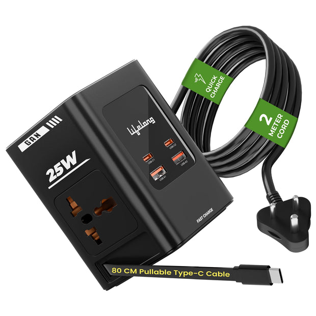 Lifelong Electronics India's First Power Extension Board with Retractable Type C Cable | 2 AC Sockets (2500 W) | Multiplug with 2 USB C + 2 USB A (GaN 25W Fast Charging Ports) | Fire Proof Technology