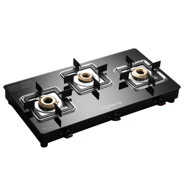 Lifelong 3 Burner Gas Stove for Kitchen | Square Shape Pan Support Manual Ignition Cooktop | Modern Glass Stove for Modular Kitchen, ISI Certified & Compatible with LPG -1 Year Manufacturer's Warranty