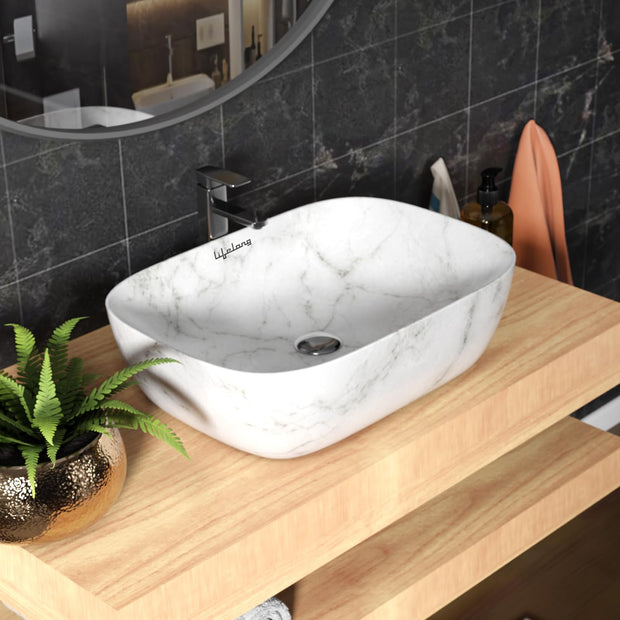 Lifelong Wash Basin for Bathroom - Tabletop Washbasin - Ceramic Glossy Round Countertop Vessel Sink Ideal for Bathroom, Dining Hall & Vanity 33x46x16 cm (White and Grey, LLHIBM06)