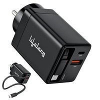 Lifelong Electronics Travel Adapter Gan Fast Charger | 50W (25W Tangle-Free Retractable Type-C Cable + 25W Type C Port) | 18W USB A Port | For iPhone, iPad, Samsung, Nothing and All Phones & Tablets