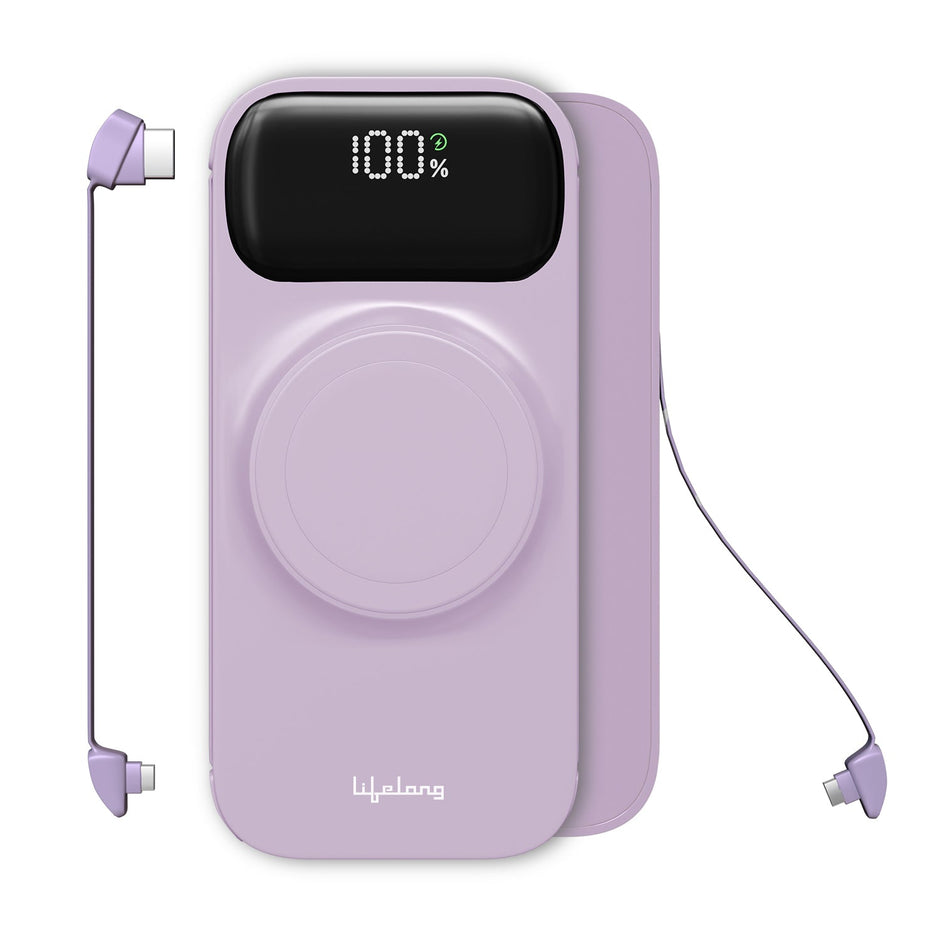 Lifelong 10000mAh Power Bank with 22.5W Fast Charging, Wireless Charging & Phone Stand - Lavender