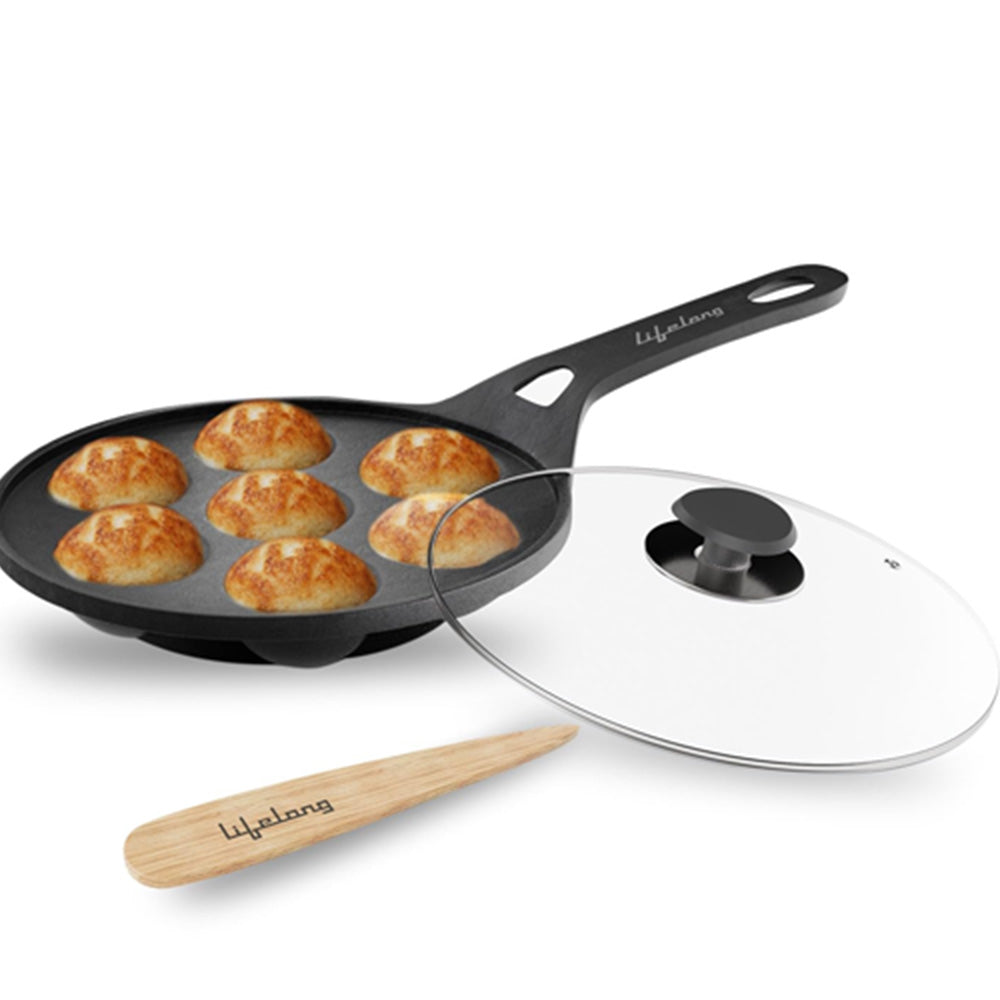 Cast Iron Paniyaram Pan with Glass Lid and Wooden Spatula