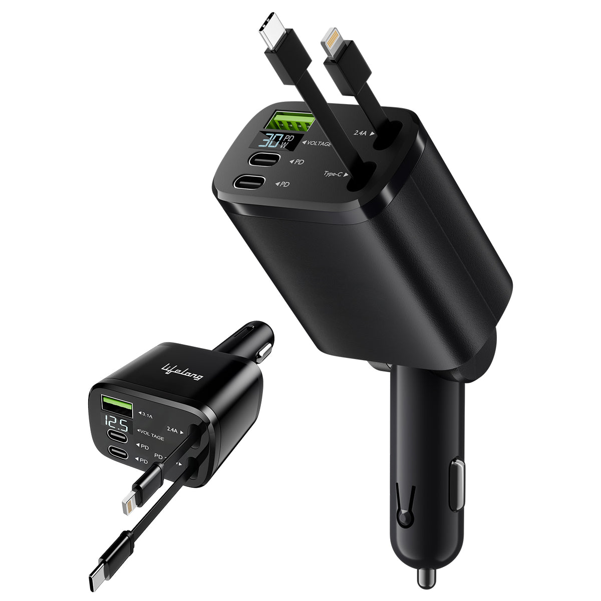 Lifelong Electronics 5-in-1 Car Charger Adapter | 2 Retractable Cables (Type-C & Lightning) + 3 Ports (USB A + 2 Type C) | LED Display | Flexible Head | Fast Charging for iPhone, Android & All Devices