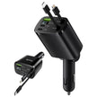 Lifelong Electronics 5-in-1 Car Charger Adapter | 2 Retractable Cables (Type-C & Lightning) + 3 Ports (USB A + 2 Type C) | LED Display | Flexible Head | Fast Charging for iPhone, Android & All Devices