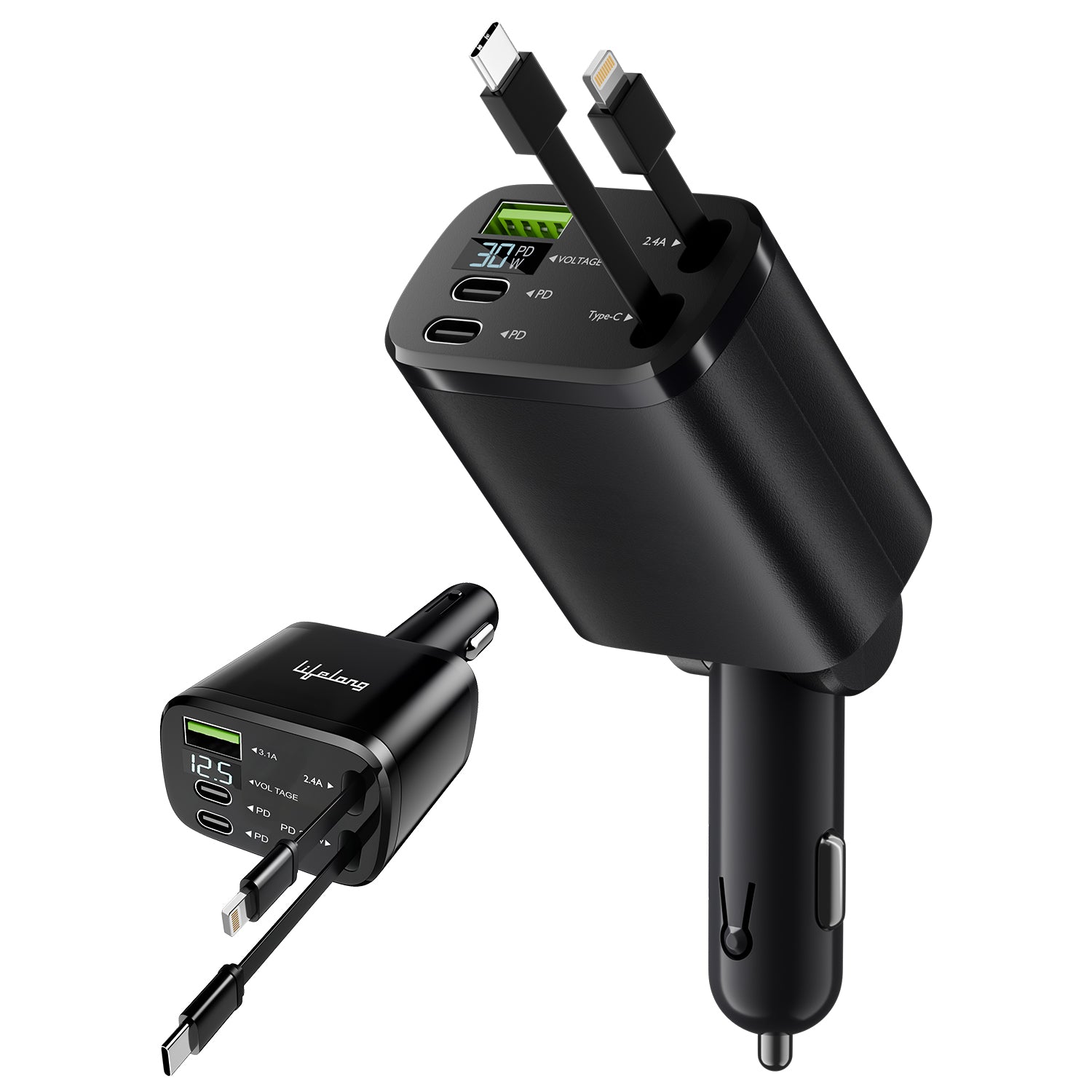 Lifelong Electronics 5-in-1 Car Charger Adapter | 2 Retractable Cables (Type-C & Lightning) + 3 Ports (USB A + 2 Type C) | LED Display | Flexible Head | Fast Charging for iPhone, Android & All Devices