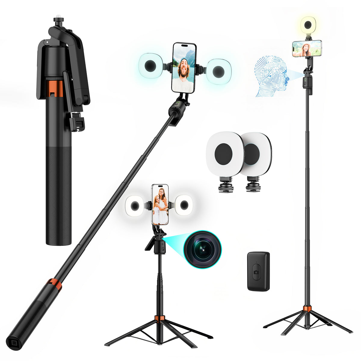 Lifelong Electronics AI Powered Selfie Stick Tripod 183CM/72 Inches | Auto Face Tracking | Quad Leg Stability Mobile Stand for Desk with Dual Influencer Light (5W) | Tripod Stand for Phone & Camera