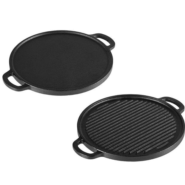 Lifelong 2 in 1 Cast Iron Grill Tawa Pan with Wooden Spatula | 30 cm Reversible Cookware | Dual Surface for Roti, Dosa, Grill, Fish & More |Gas & Induction Compatible | Non Stick Coating (LLCIT006GR)