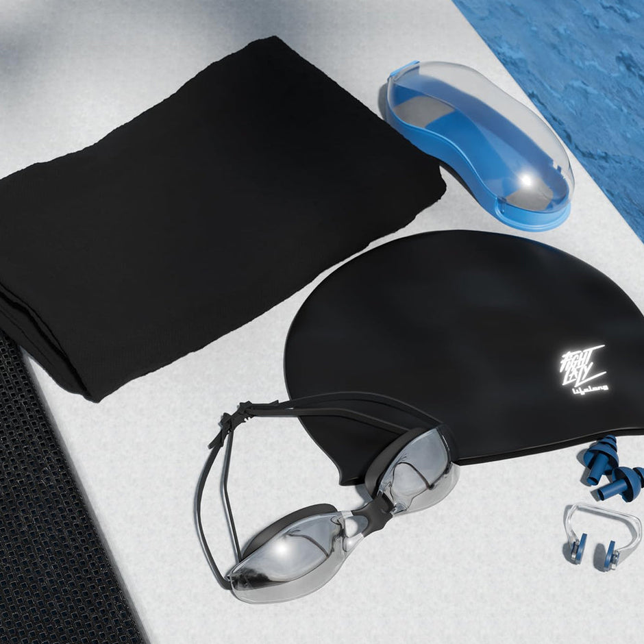 Anti Fog Swimming Goggles,Cap,Earplug & Noseplug, Microfibre Set(Black)