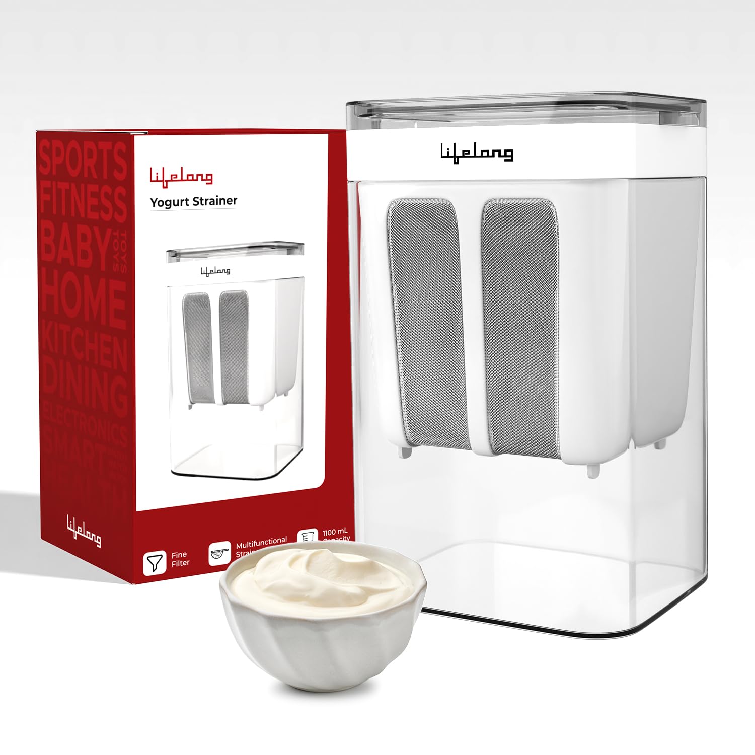 Lifelong Hung Curd Maker & Yogurt Filter Strainer 1100 mL | BPA-Free Dahi & Greek Yoghurt Box with Fine Mesh & Lid | Multi Use - Thick Curd, Whey Separator, Soybean Milk, Kefir, Pulpy Juice & Coffee