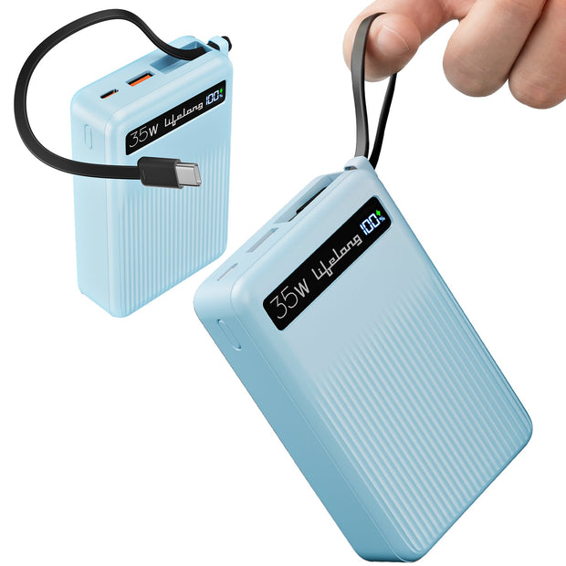 Lifelong Electronics 20000mAh Power Bank | Fast Charging Power Bank | In-Built 35 W Type-C Cable / USB-C | USB-A (30 W) Output | PD 3.0 Support | LED Display | Small Pocket Size Powerbank (Blue)