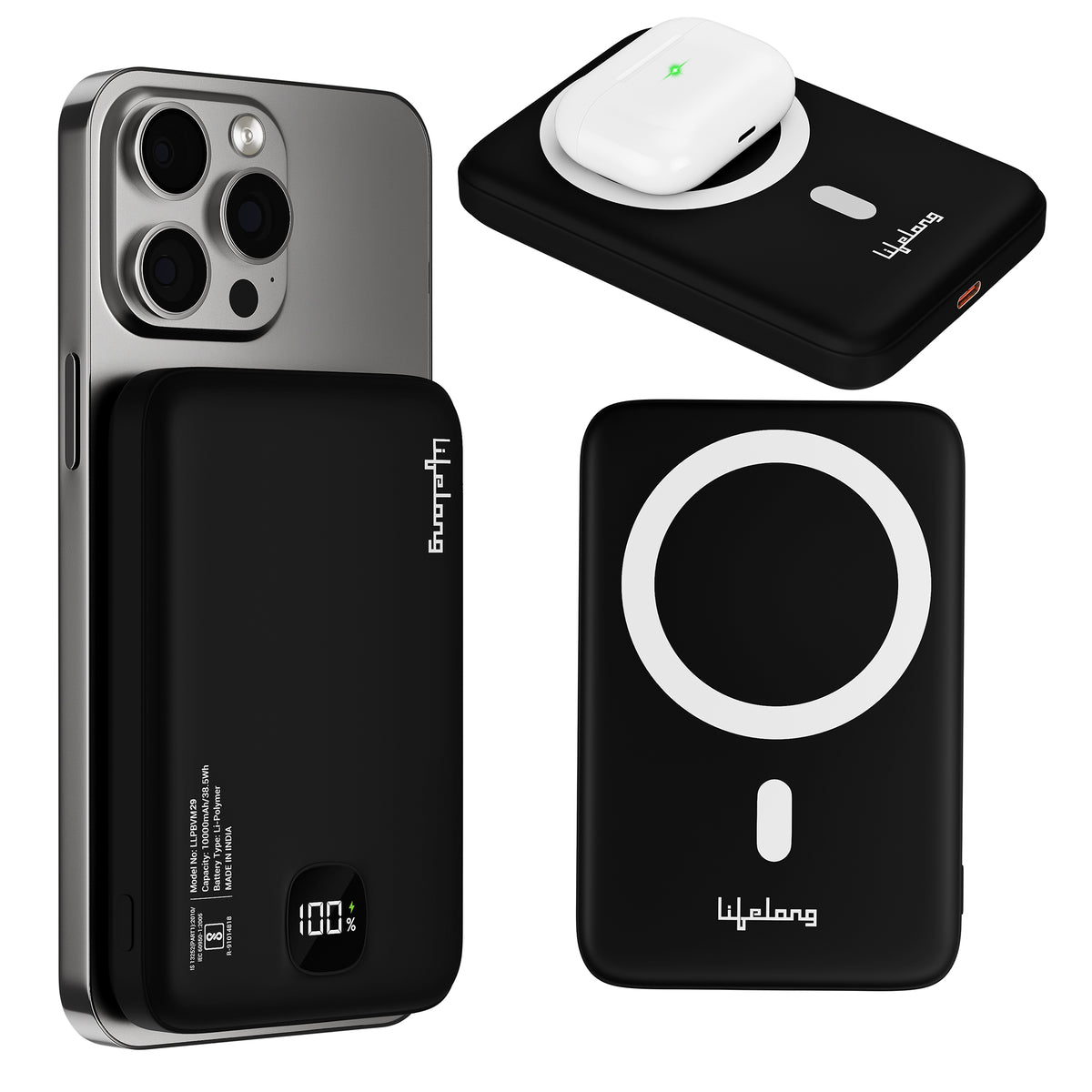 Lifelong 10000mAh MagSafe Wireless Fast Charging Power Bank for iPhone, Apple AirPods and All Qi Enabled Phones & Devices | USB Type C Port | Small Pocket Size | Strong Magnet & Extra Ring
