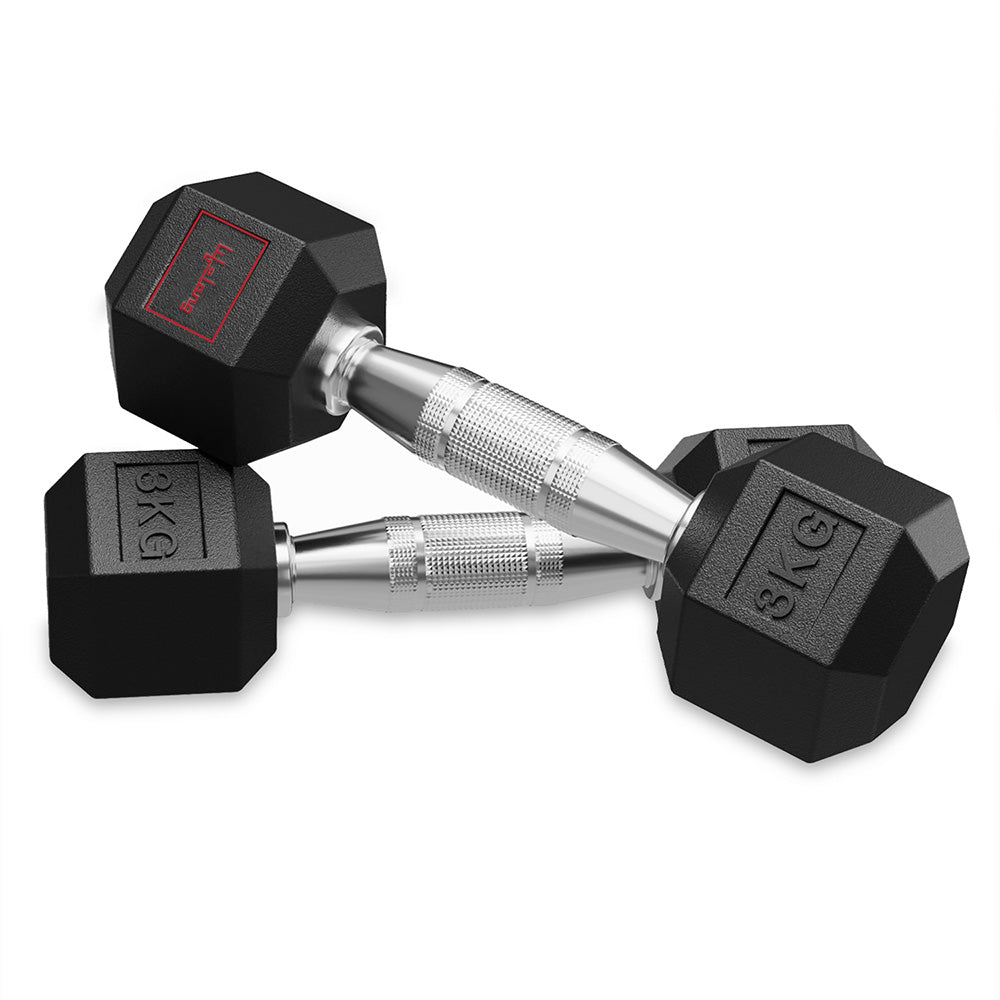 3Kg Rubber Coated Hex Dumbbell Set, Black