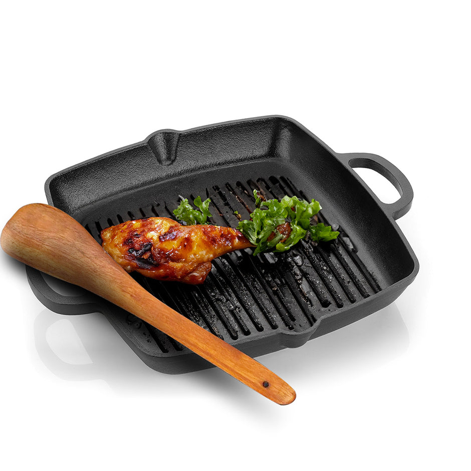 Lifelong 260mm Cast Iron Grill Pan – Pre-Seasoned, Non-Stick, with Wooden Spatula, 2L Capacity