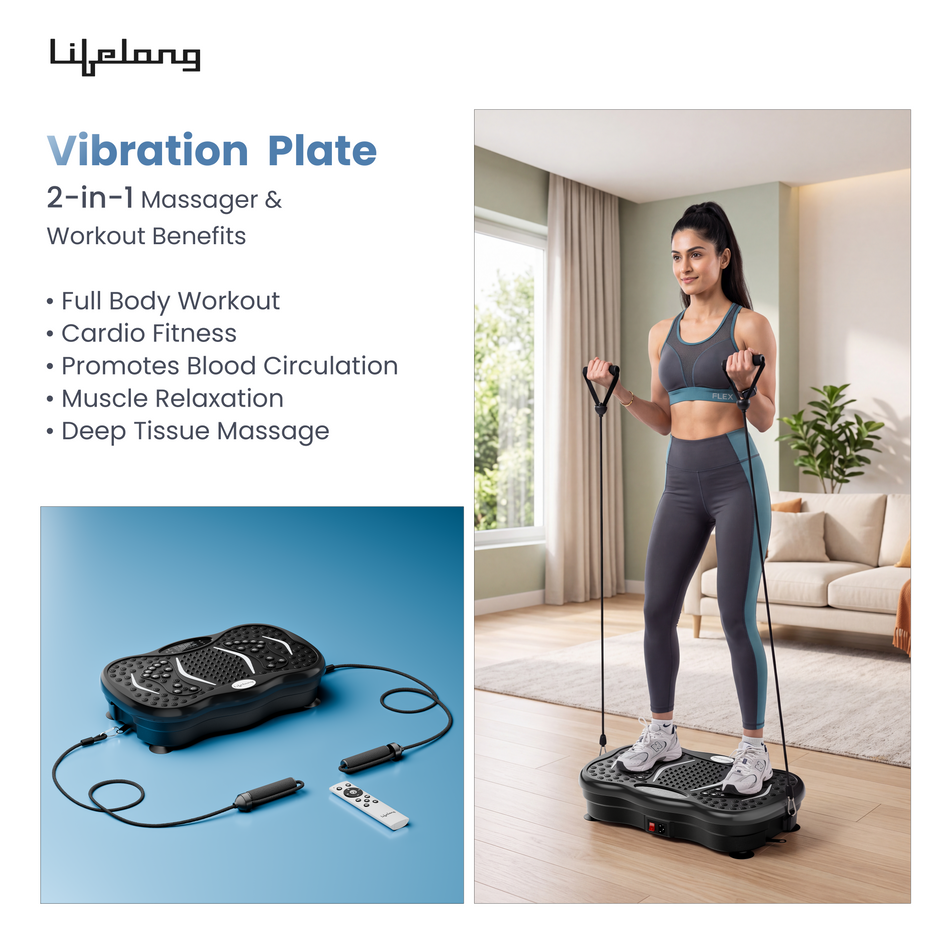 Lifelong Vibration Plate Exercise Machine with Remote & 2Bands| 120kg Load Capacity Home & Gym Full Body Workout Massager for Pain Relief, Weight Loss & Tone Muscles | 5Programs, 120Speeds, Bluetooth