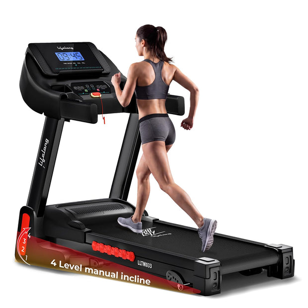 Lifelong 4.5HP Motorized Treadmill for Home | Manual Incline 12% Foldable Handle Max Speed 12 km/h LED Display | 12 Workout Programs |110 kg Capacity| Ideal Gym Equipment for Home Workout Jet Black
