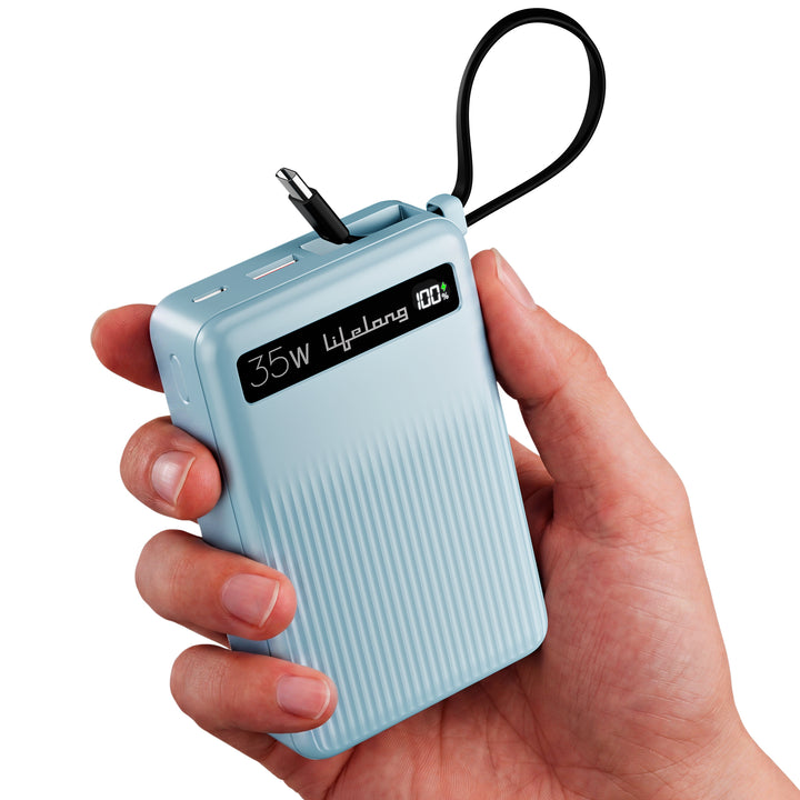 Lifelong Electronics 20000mAH 35W Fast Charging Small Pocket Size Power Bank | Built-in 35W (1.5X Faster) Type-C Cable & Port | Flight Friendly | USB-A (30 W) Output Powerbank for iPhone, Android, Mac