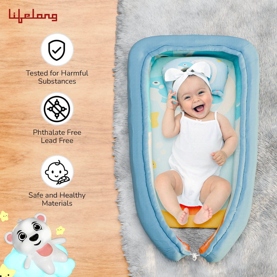 Lifelong Cuppy Newborn Baby Nest Bed with Headrest | Reversible, Foldable & Adjustable Infant Sleeping Bed | Soft Cotton Mattress for 0–2 Years