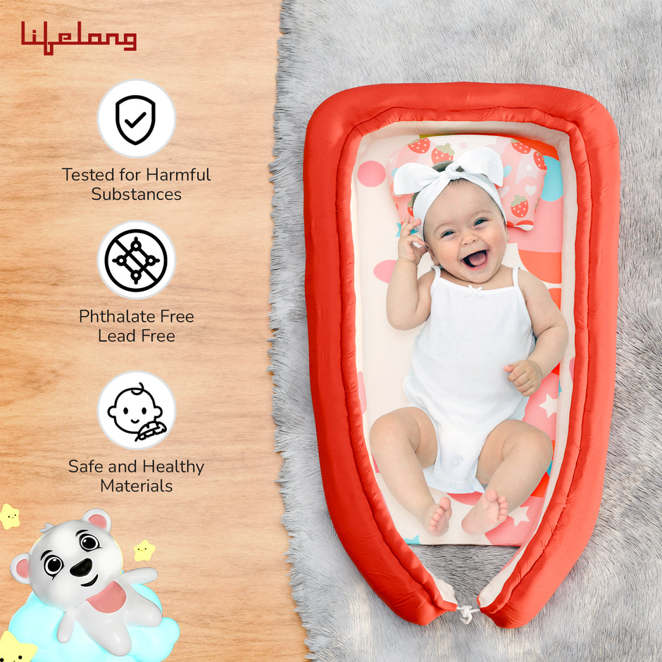 Lifelong Cuppy Baby Nest Bed with Headrest | Reversible, Foldable & Adjustable Sleeping Bed for Newborns | Soft Cotton Portable Sleep Pod for 0–2 Years