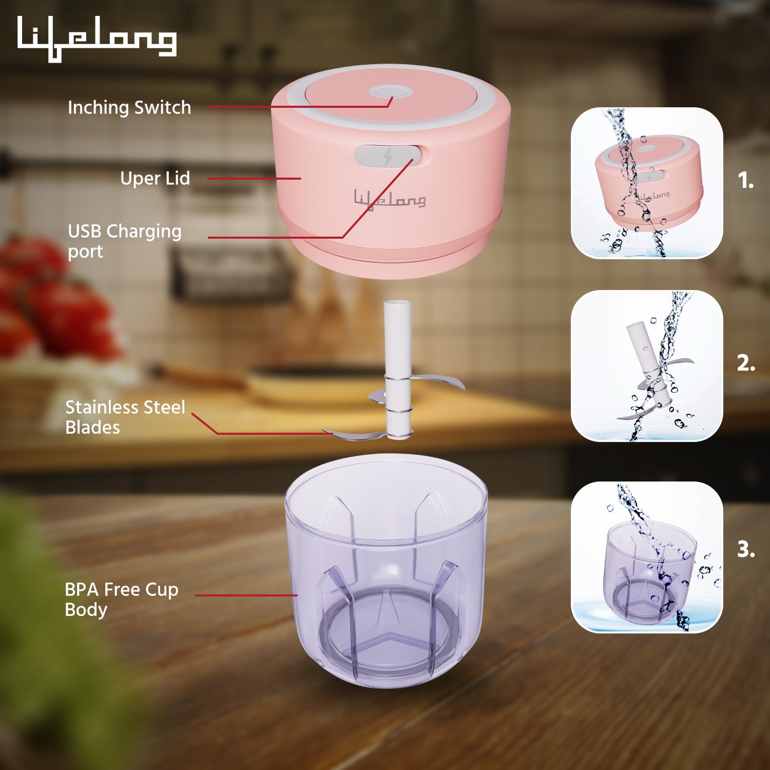 USB Rechargeable Wireless Electric Chopper with Stainless Steel Blades for Onion, Garlic, Vegetables, Nuts, Meat - 250 ML (Pink)