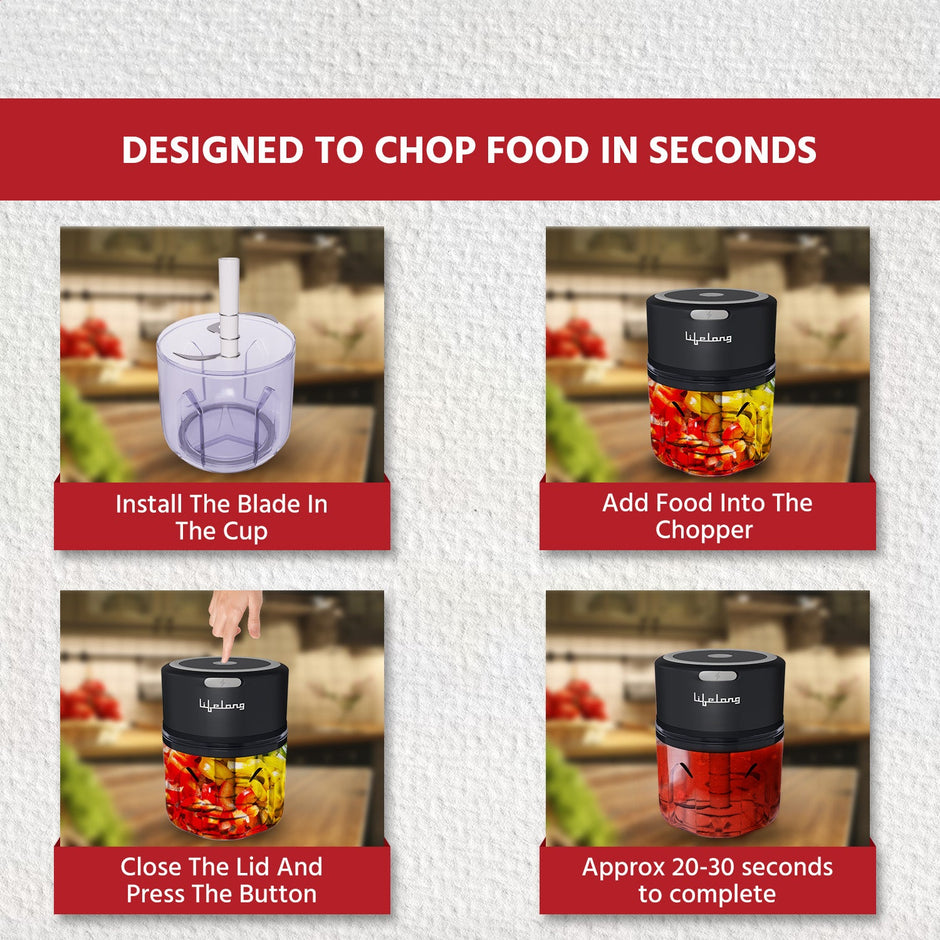 Lifelong LLWC02 Rechargeable Wireless Electric Chopper , Black-250 ml