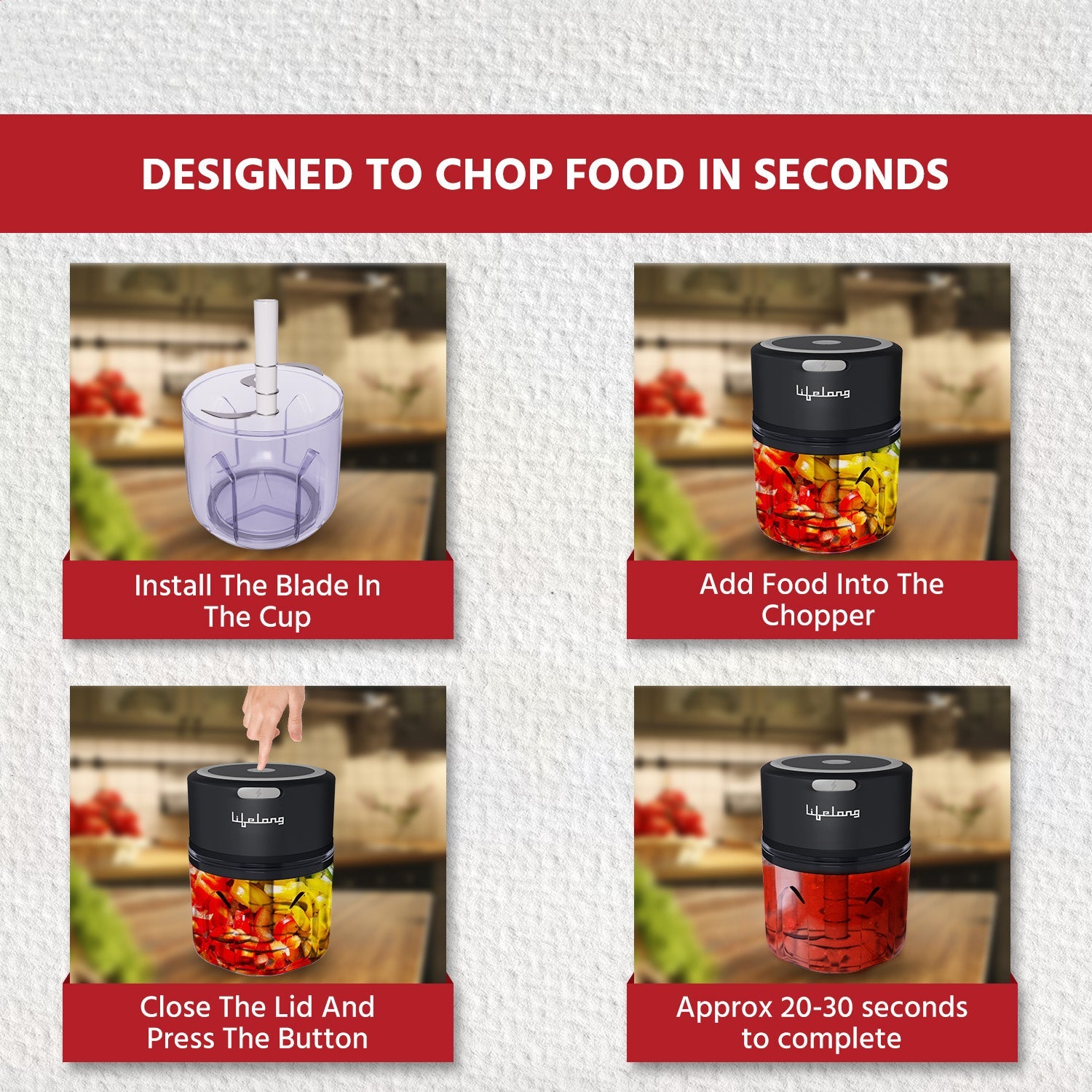 Lifelong LLWC02 Rechargeable Wireless Electric Chopper , Black-250 ml