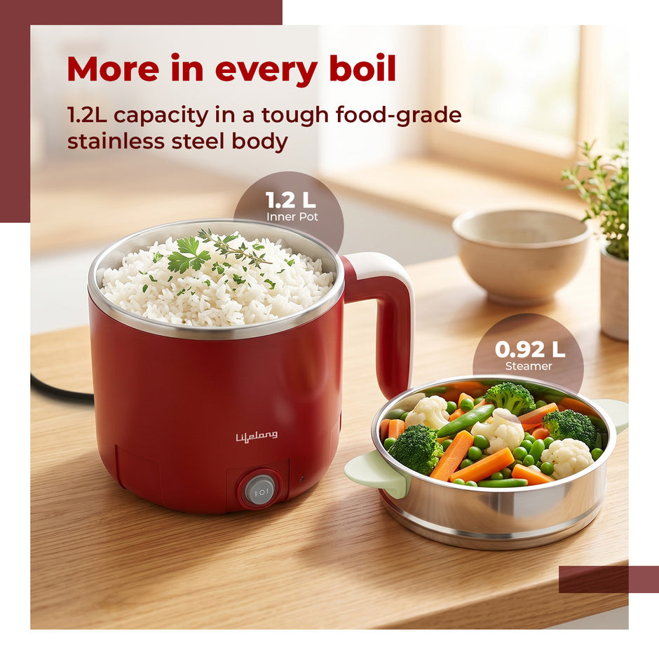 Lifelong Multipurpose Kettle | Multi Cooker Electric Kettle with Egg Tray, 1.2L Stainless Steel Body, Auto Cut Off, 300W Slow Heat & 650W Quick Boil | Boil Rice, Steam & Cook Vegetables, Eggs & Momos