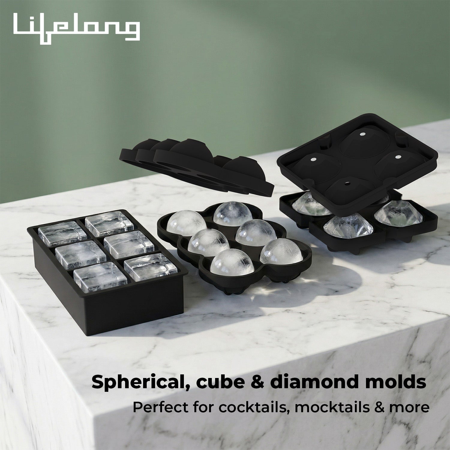 Lifelong Ice Cube Tray - Set of 3 | Silicone Ice Moulds for Freezer | Square, Round & Diamond | Food-Grade, Leakproof, Easy Release | Large Cubes for Cocktails, Yogurt, Ice Cream(-30°C to 280°C)