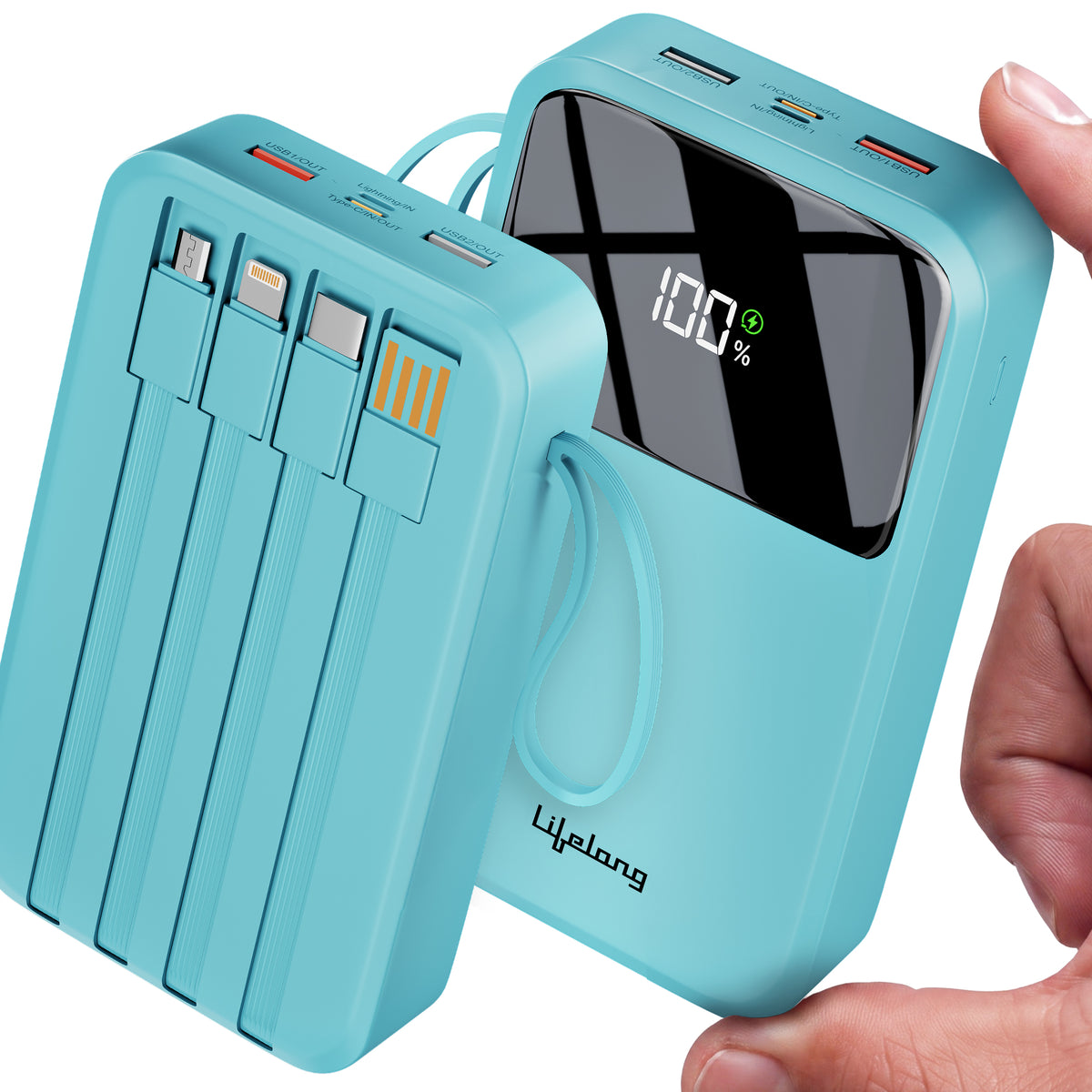 Lifelong Electronics 20000mAh 22.5W Fast Charging Power Bank | 4 Cables Attached – Type A + Type B + Type C + Lightning | for New & Old Devices | 4 Ports Available Too | Small Pocket Size Powerbank