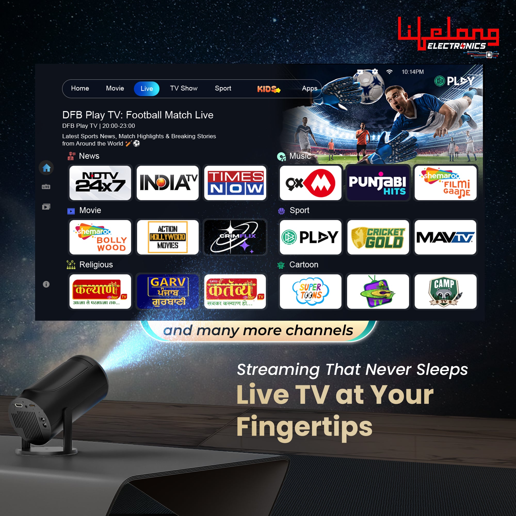 Lifelong Electronics Built-in Live TV Smart Projector | With 125+ Channels (No Subscription Required) | Android, 1080P & 4K Ultra HD Support, 720P Native | For Room & Outdoors | All OTT Apps | WiFi/BT
