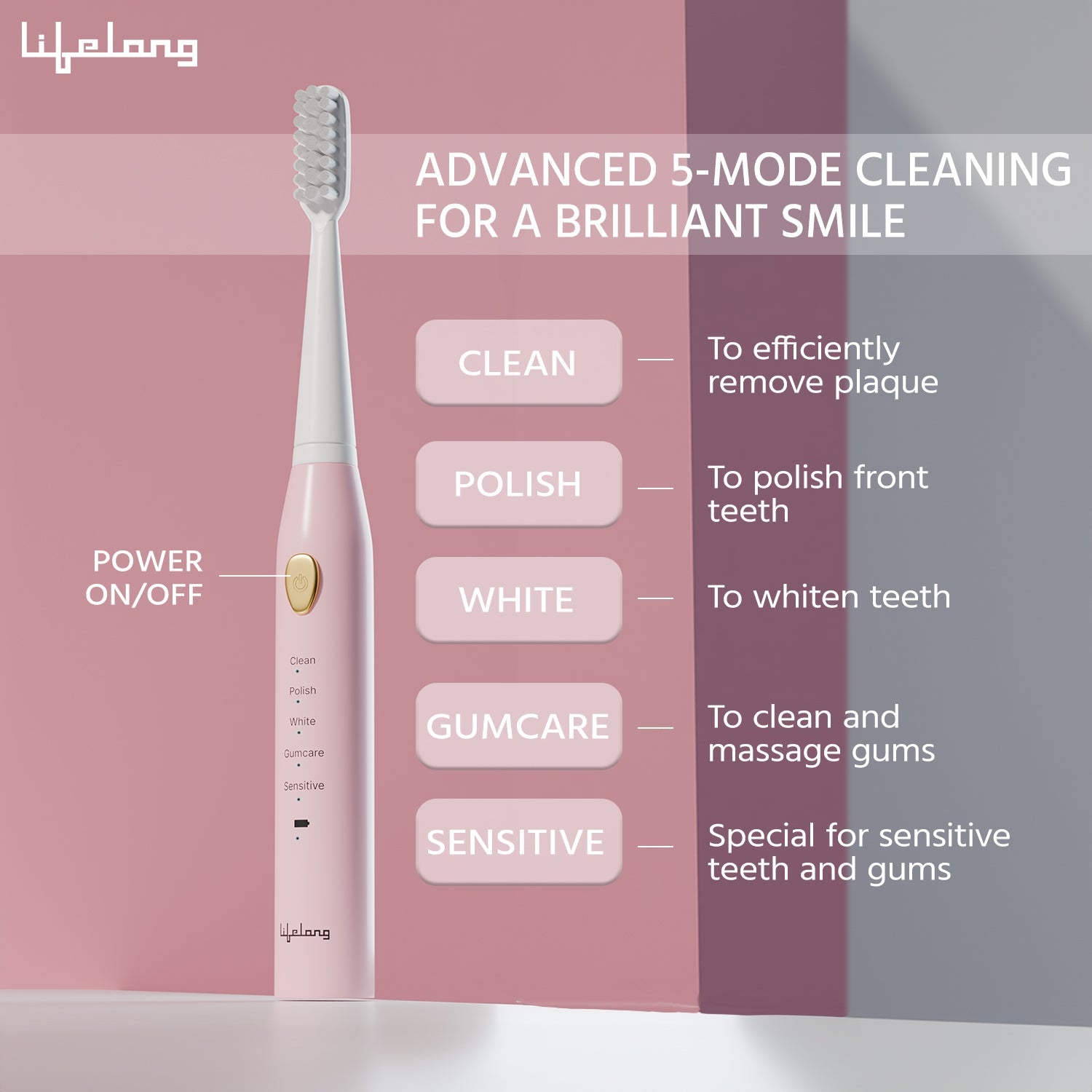 Pink Smart Toothbrush with 5 Modes