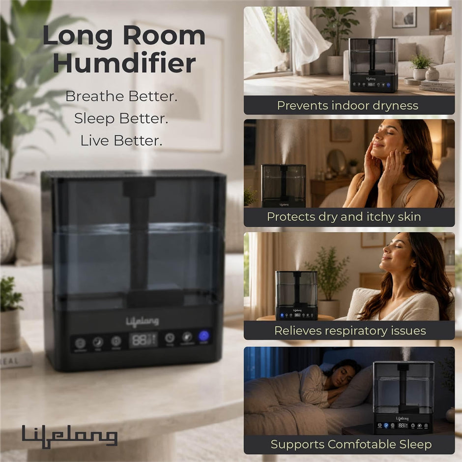 Lifelong Cool Mist Ultrasonic Humidifier for Room Moisture 5L |Top Fill Room Freshener Diffuser for Home, Office, Bedroom, Living Room | 35dB, 360° Nozzle, Adjustable Mist, Auto Shut Off, 8Hr Runtime