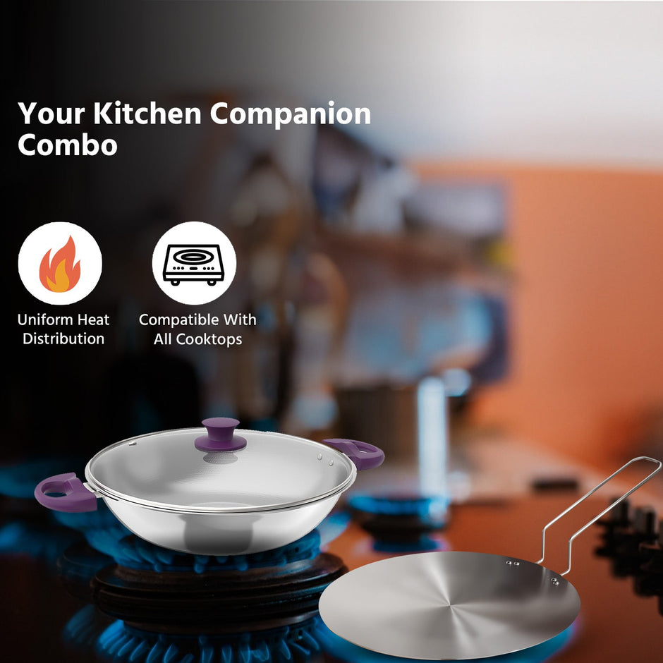 Lifelong 22 CM Kadhai with Lid and Roti Tawa| Soft touch handles | LLTPC4