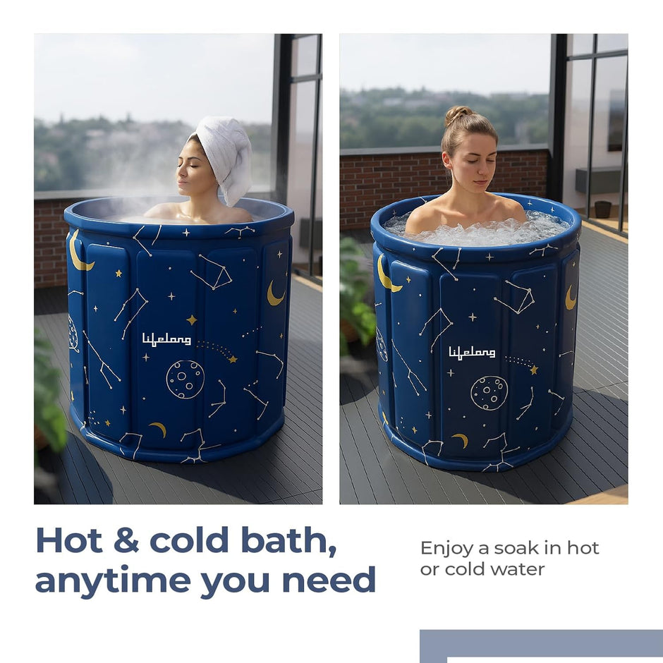 Lifelong Portable & Foldable Bath Tub with Inflatable Pillow for Adults | Ice Bathtub, Steam Bath Water Tub for Home, Bathroom Spa & Stress Relief | Leakproof, Sturdy with Dual Drainage