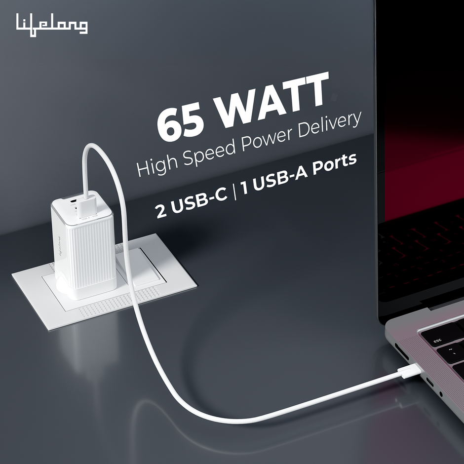 Lifelong Electronics 65W GaN Fast Charger PD Technology | 1 USB A + 2 Type C Ports