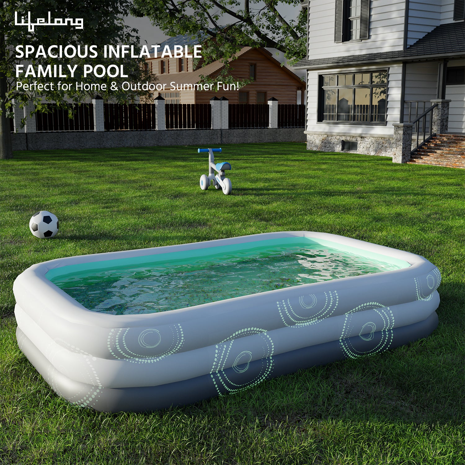 10FT Inflatable Family Swimming Pool-Heavy-Duty PVC, Quick Inflation, Leak-Proof Design, Spacious for Kids, Adults & Pets, Outdoor Backyard Summer Fun