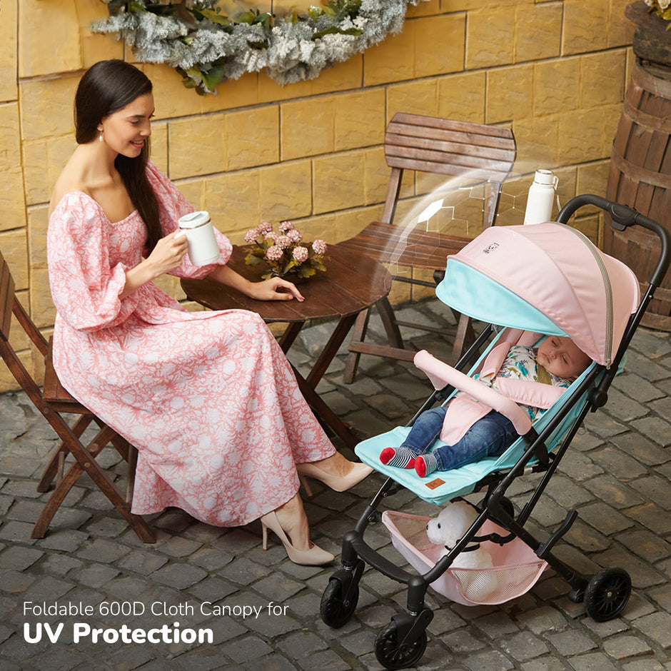 Lifelong Cuppy Baby Stroller , Baby Pram , Carbon Steel, 5 point harness belt, 3 reclining functions. (Pink Green)