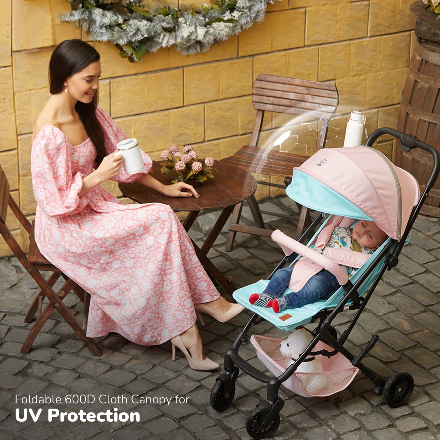 Lifelong Cuppy Baby Stroller , Baby Pram , Carbon Steel, 5 point harness belt, 3 reclining functions. (Pink Green)