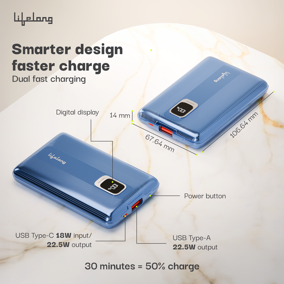Lifelong 10000mAh Fast Charging Power Bank with Digital Display | Type C Input | 2 Output Ports | Quick Charge 3.0 | 22.5 W PD Powerbank | Cable Included