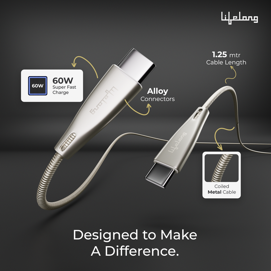 Lifelong 60W PD USB Type C to Type C Metal Coiled Fast Charging Cable | High Speed Data Cable | Aluminum Alloy & Tangle Free | iPhone 16/15/14, Android, Laptop, Tablet etc. | 1.25M