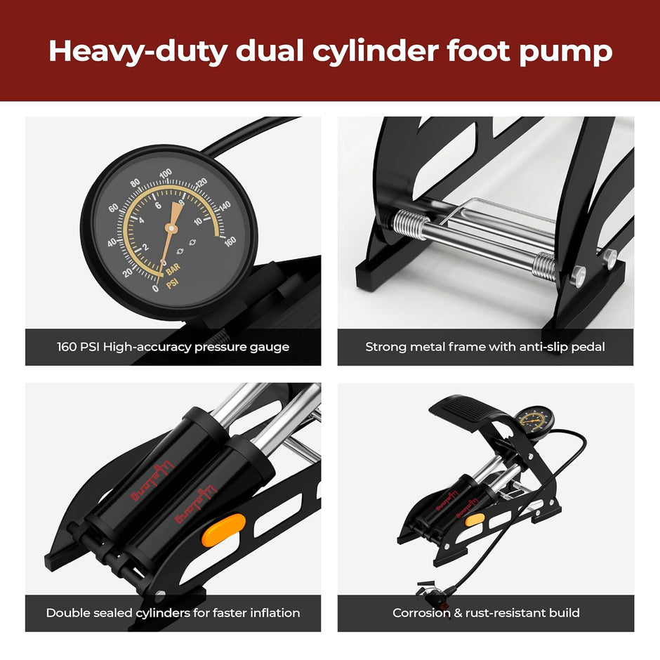 Lifelong Bike Floor Pump | 160 PSI Pressure Gauge | Cycle Pump & Foot Air Pump | Bicycle Pump | Car Tyre Inflator | Presta Schrader Deutschland Valve | For Bicycle, Ball, Scooter, Car, Toys | Black