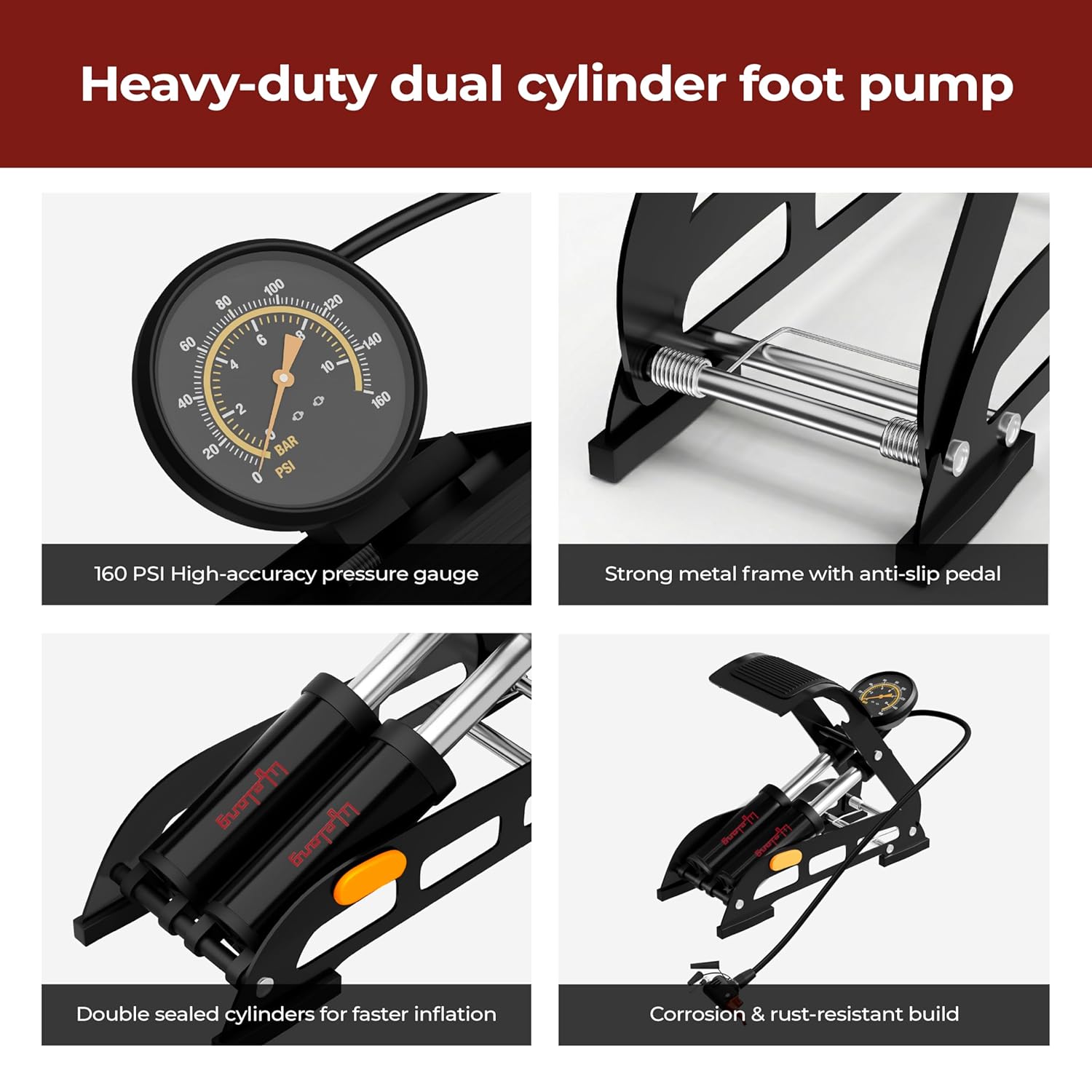 Lifelong Bike Floor Pump | 160 PSI Pressure Gauge | Cycle Pump & Foot Air Pump | Bicycle Pump | Car Tyre Inflator | Presta Schrader Deutschland Valve | For Bicycle, Ball, Scooter, Car, Toys | Black