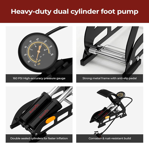 Lifelong Bike Floor Pump | 160 PSI Pressure Gauge | Cycle Pump & Foot Air Pump | Bicycle Pump | Car Tyre Inflator | Presta Schrader Deutschland Valve | For Bicycle, Ball, Scooter, Car, Toys | Black