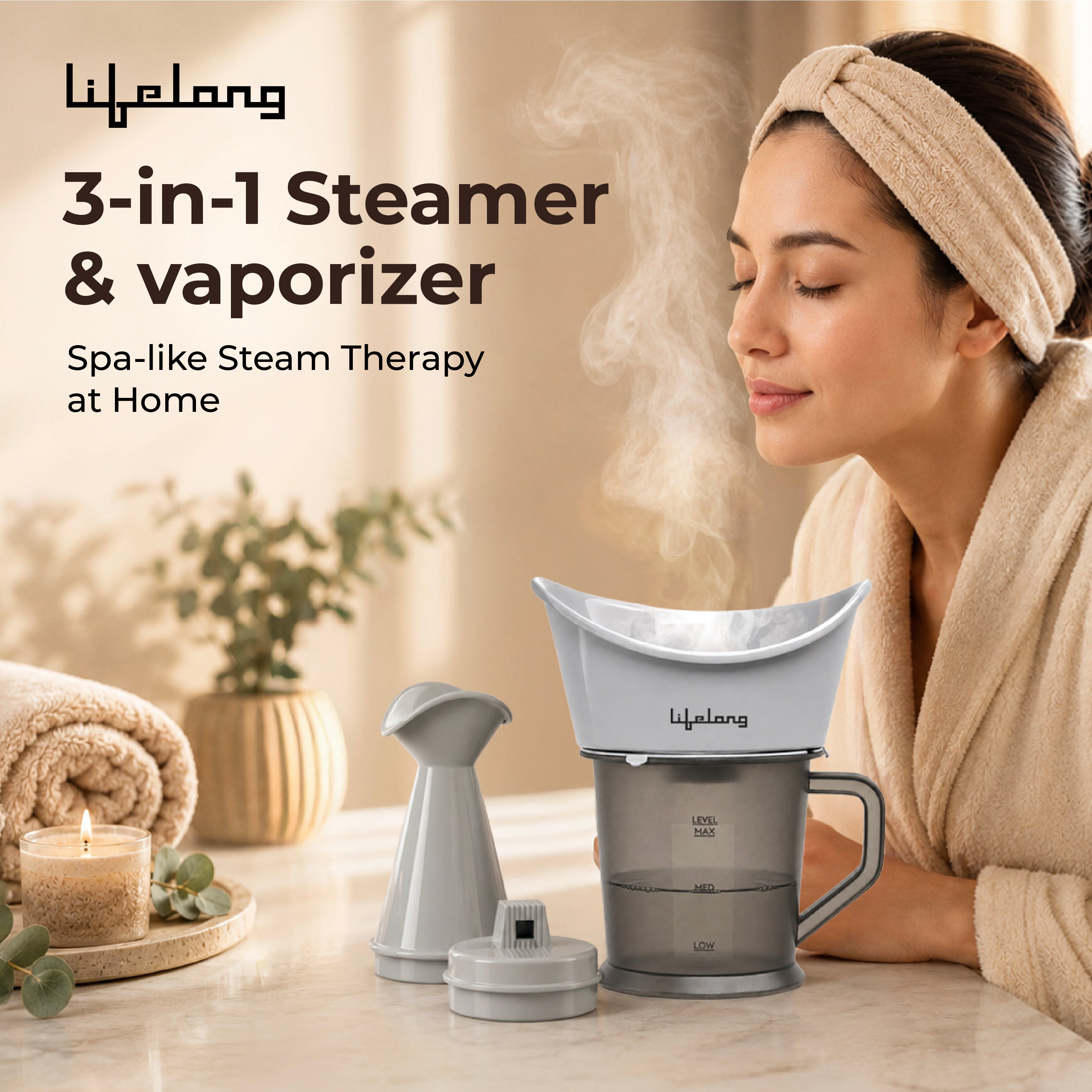 Lifelong 3-in-1 Vaporizer & Steamer for Cold, Cough & Facial | Face Steamer for Facial, Steam Inhaler for Cold & Cough, Vaporizer Machine for Adults and Kids | 1-Min Fast Vaporization, 400ml Capacity
