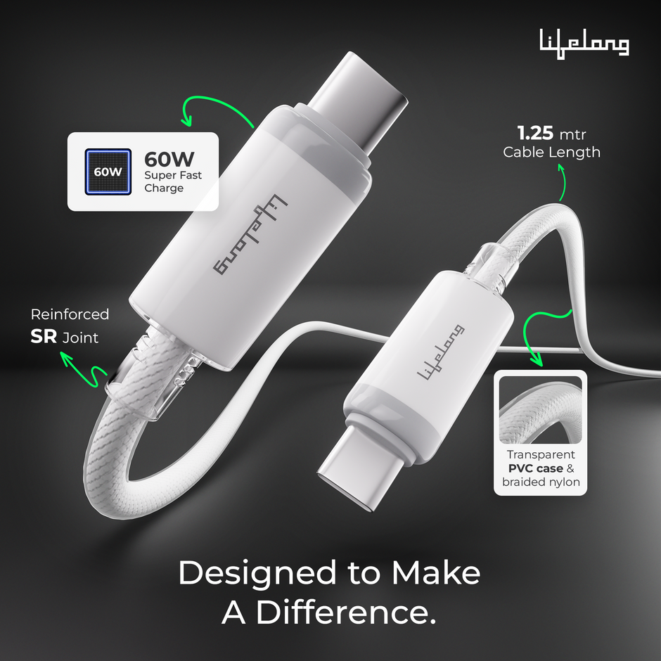 Lifelong Electronics 60W PD USB Type C to Type C Fast Charging Cable | High Speed Data Cable | Nylon Braided, Transparent PVC Case & Tangle Free | iPhone 16/15/14, Android, Laptop, Tablet etc. | 1.25M